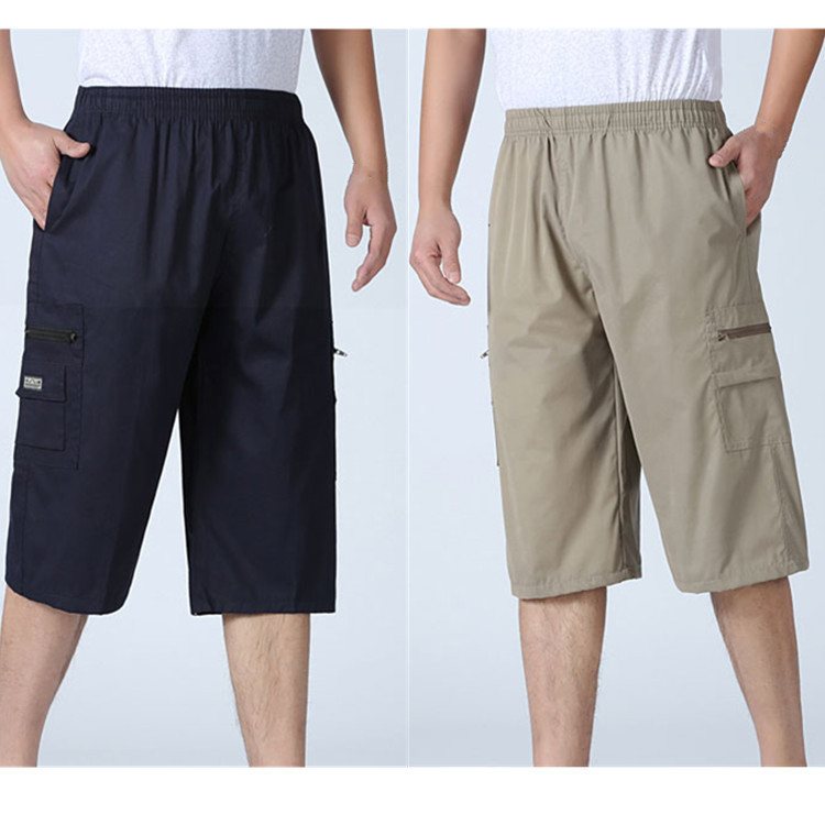 Pantaloni cargo pentru bărbați, 3/4 lungime, mai multe buzunare, bumbac, talie elastică, culoare solidă, pantaloni casual de vară