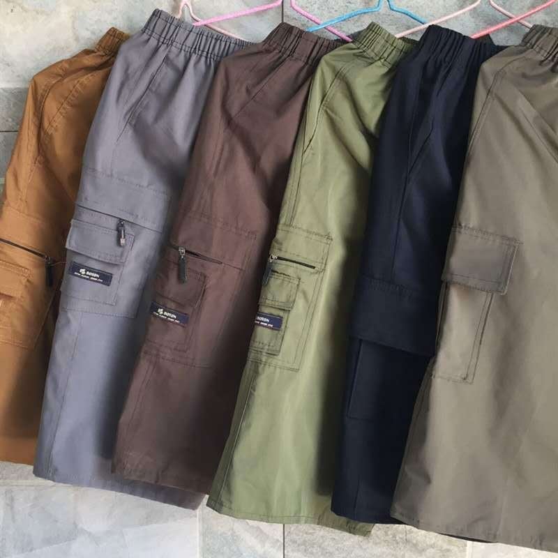 Pantaloni cargo pentru bărbați, 3/4 lungime, mai multe buzunare, bumbac, talie elastică, culoare solidă, pantaloni casual de vară