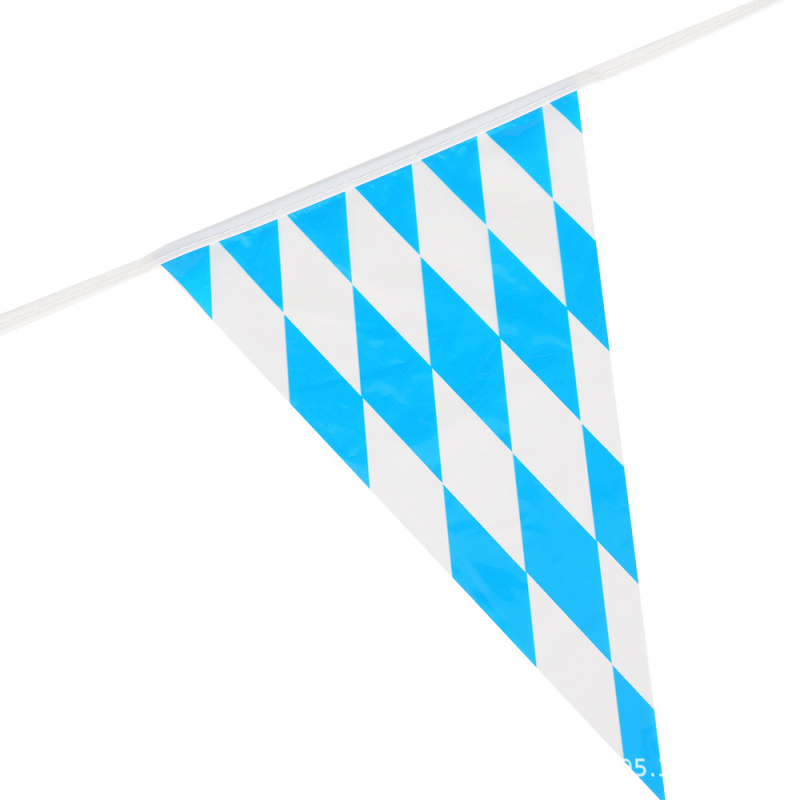 Steag triangular PE pentru Oktoberfest, albastru și alb bavarez, imprimare față-verso