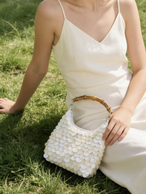 Geantă handmade cu scoici, mânere din lemn și bambus, geantă mică tip găleată din acril, fermoar, căptușeală poliester, stil zână, vară 2026