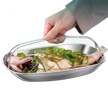 Tavă ovală din oțel inoxidabil 304, cu mâner, mai groasă pentru uz casnic, pentru gătitul la abur al peștelui, rezistentă la rugină, formă ovală, suprafață mată, diametru 24–24,9 cm