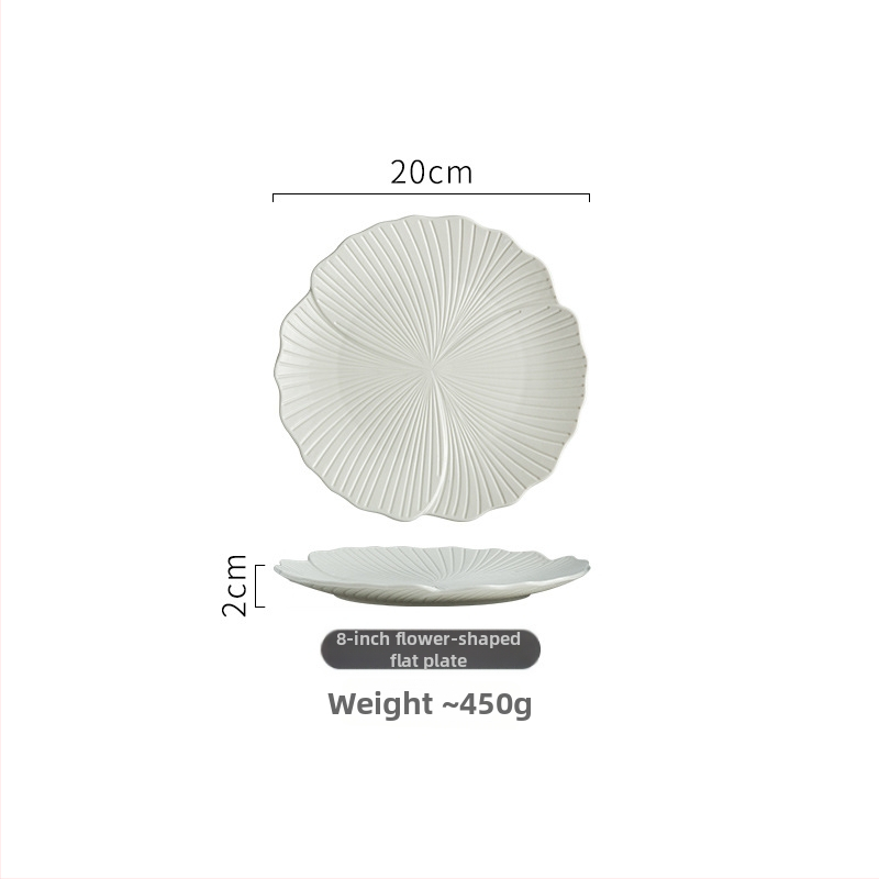 Farfurie albă din ceramică pentru masă occidentală – farfurie mare plată, farfurie puțin adâncă, farfurie pentru fructe, farfurie pentru tort; formă neregulată; stil japonez.