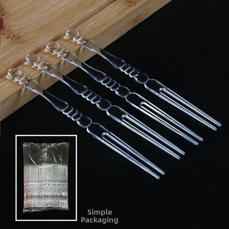 Furculițe de plastic de unică folosință, transparente, pentru fructe, design cu segmente de bambus, ambalate individual, ideale pentru deserturi și prăjituri