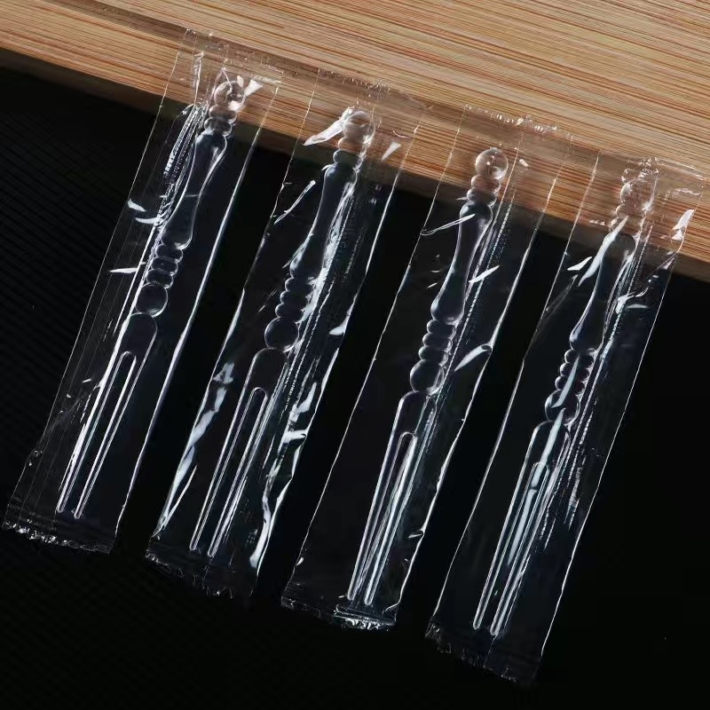 Furculițe de plastic de unică folosință, transparente, pentru fructe, design cu segmente de bambus, ambalate individual, ideale pentru deserturi și prăjituri