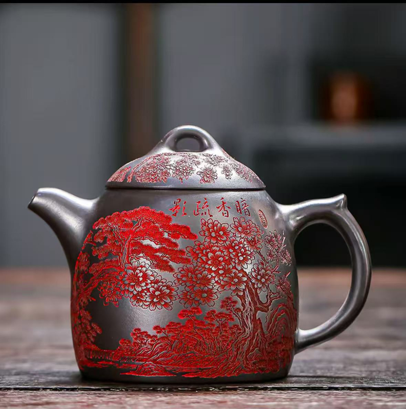 Ceainic din argilă mov cu gravură manuală, parfum subtil și umbre delicate — Qin Quan, pentru uz casnic și de birou, în stil antic, cadou pentru ceai Kung Fu