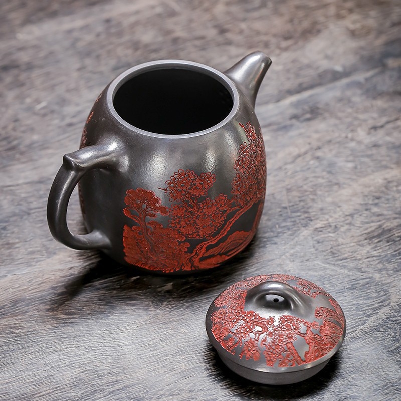 Ceainic din argilă mov cu gravură manuală, parfum subtil și umbre delicate — Qin Quan, pentru uz casnic și de birou, în stil antic, cadou pentru ceai Kung Fu