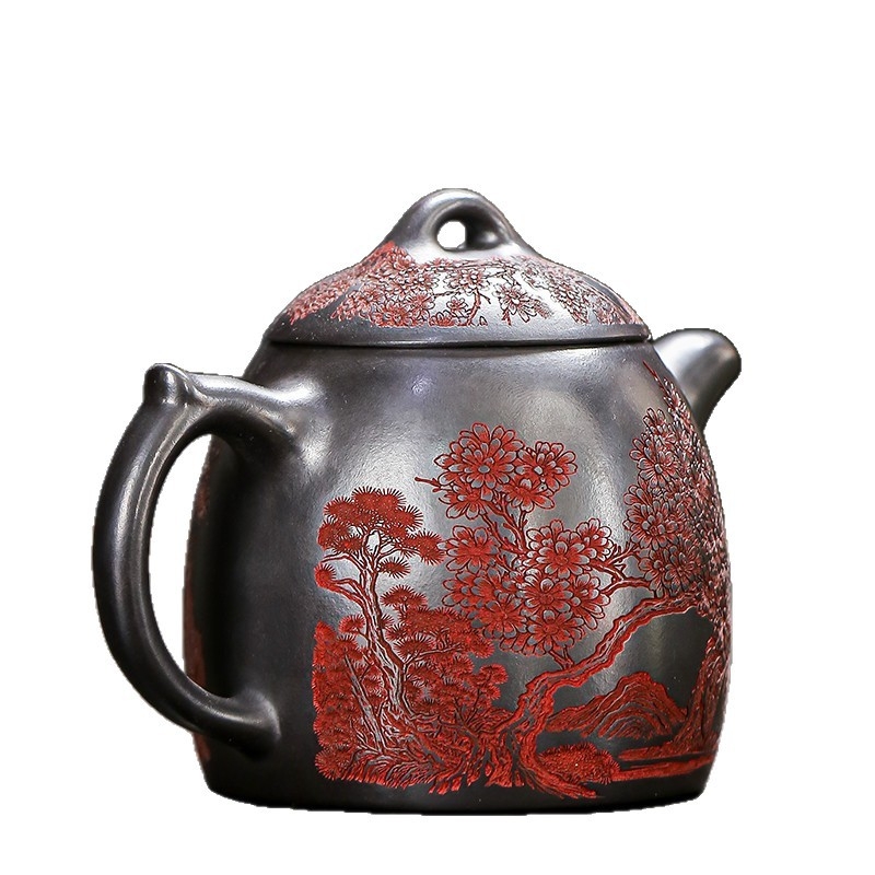 Ceainic din argilă mov cu gravură manuală, parfum subtil și umbre delicate — Qin Quan, pentru uz casnic și de birou, în stil antic, cadou pentru ceai Kung Fu