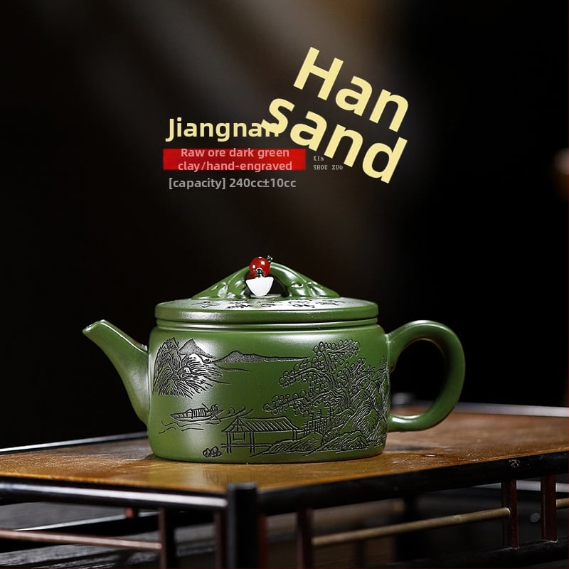 Ceainic Yixing din lut purpuriu, lucrat manual, cu design de plăci Han Jiangnan – set de ceai