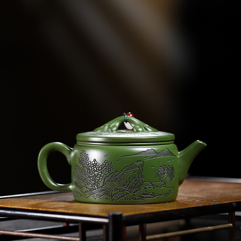 Ceainic Yixing din lut purpuriu, lucrat manual, cu design de plăci Han Jiangnan – set de ceai
