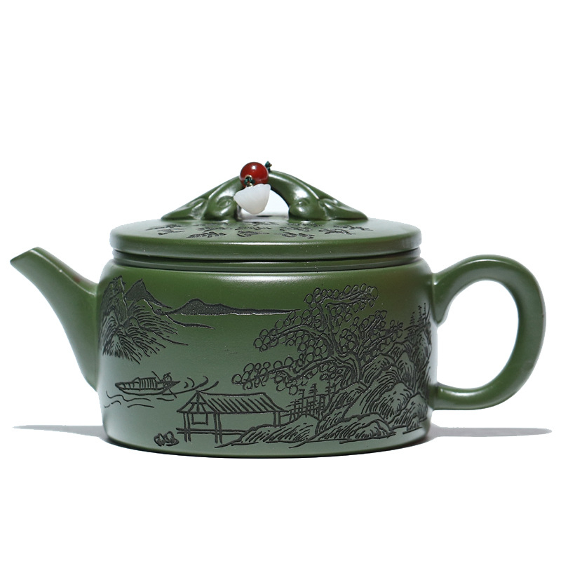 Ceainic Yixing din lut purpuriu, lucrat manual, cu design de plăci Han Jiangnan – set de ceai