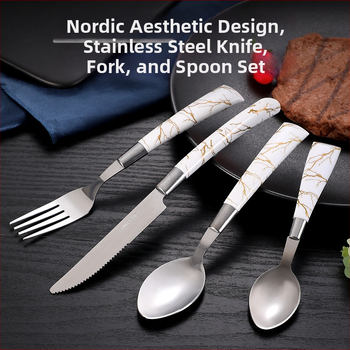 Set din oțel inoxidabil pentru tacâmuri occidentale: cuțit, furculiță și lingură; cuțit de steak; design marmorat pentru uz casnic