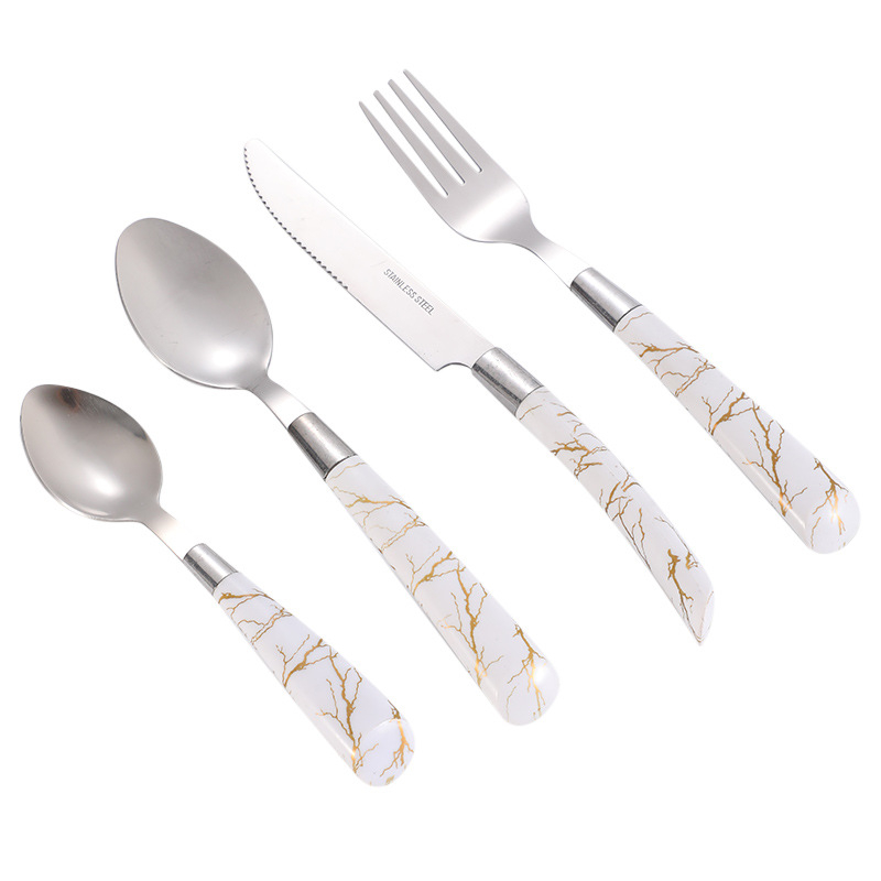 Set din oțel inoxidabil pentru tacâmuri occidentale: cuțit, furculiță și lingură; cuțit de steak; design marmorat pentru uz casnic