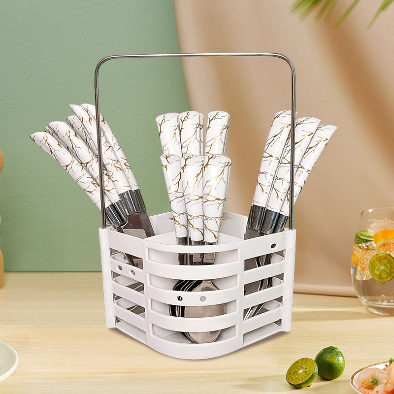 Set din oțel inoxidabil pentru tacâmuri occidentale: cuțit, furculiță și lingură; cuțit de steak; design marmorat pentru uz casnic