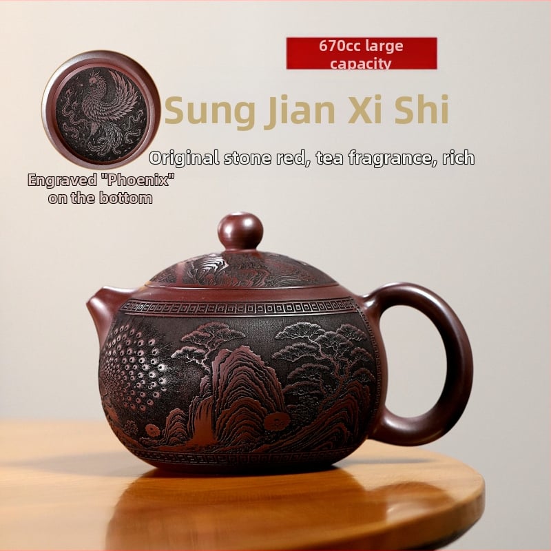 Ceainic Yixing din lut purpuriu – realizat parțial manual, model Songjian Xishi, 670 ml, set de ceai cu capacitate mare