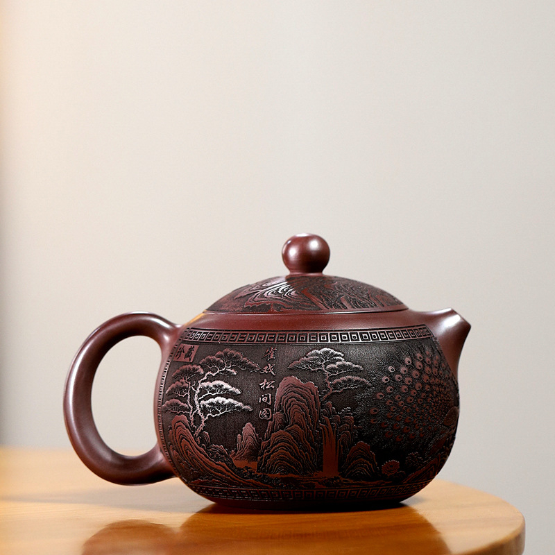 Ceainic Yixing din lut purpuriu – realizat parțial manual, model Songjian Xishi, 670 ml, set de ceai cu capacitate mare