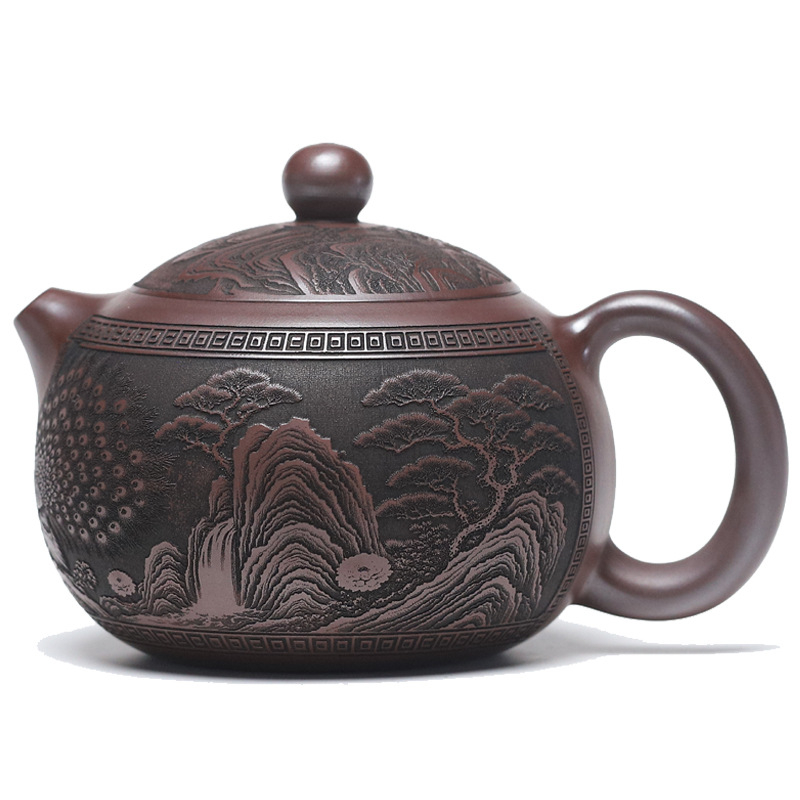 Ceainic Yixing din lut purpuriu – realizat parțial manual, model Songjian Xishi, 670 ml, set de ceai cu capacitate mare