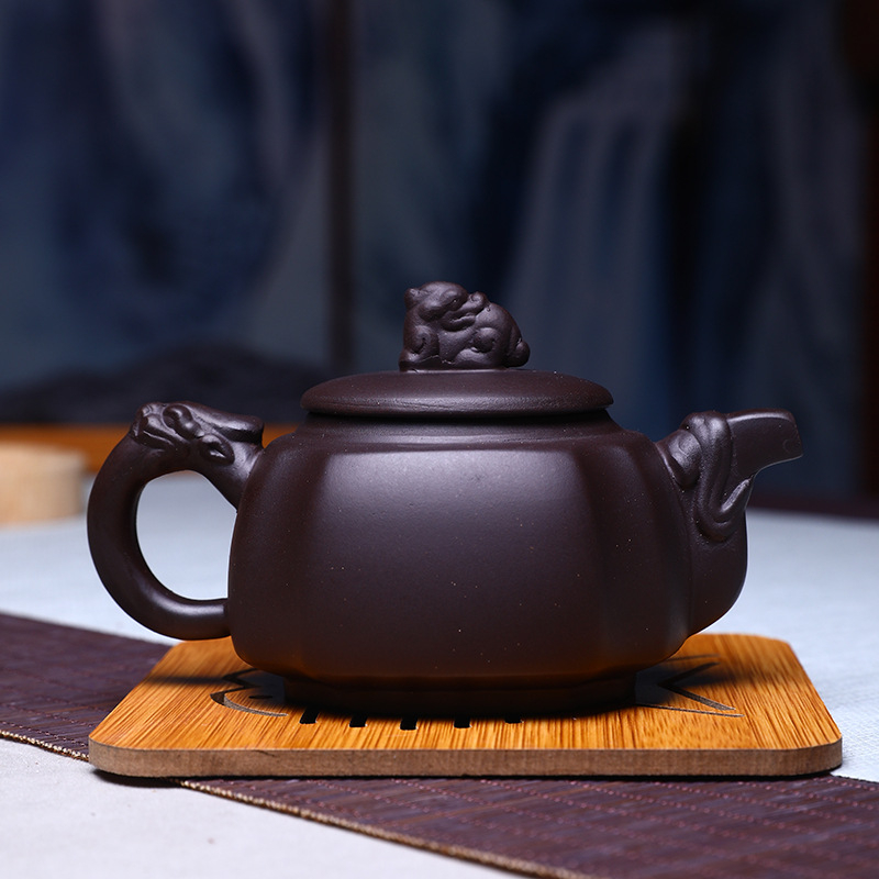 Ceainic Yixing Zisha, Dragon Zun pătrat, din lut purpuriu, set Gongfu pentru uz casnic