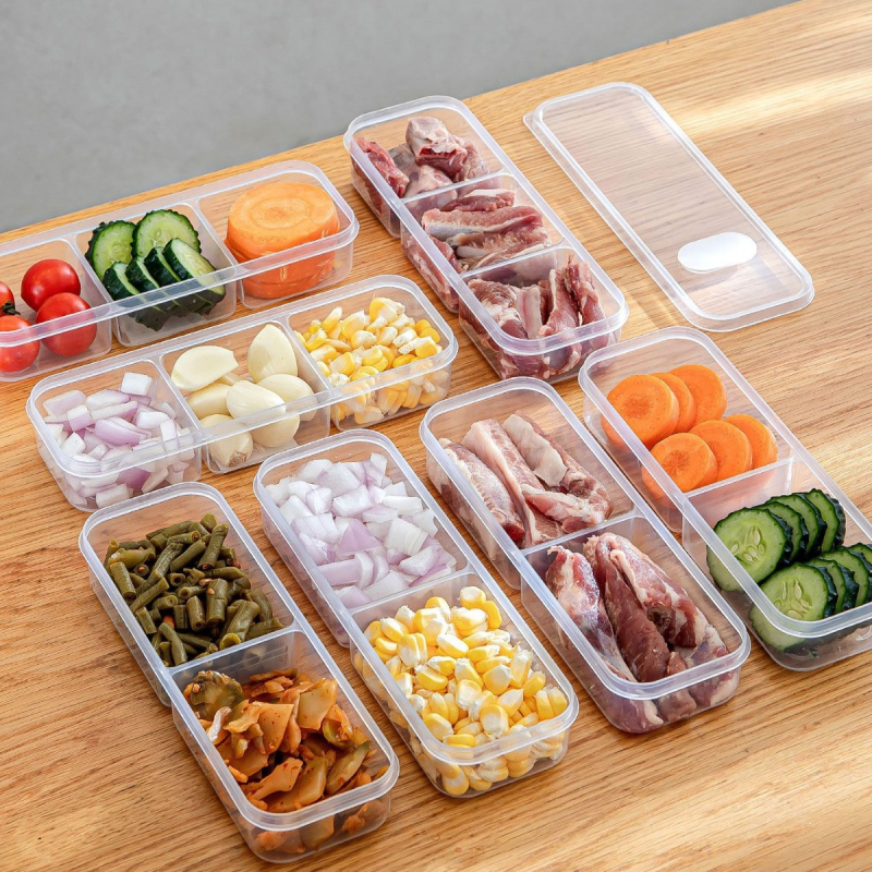 Cutie de depozitare pentru frigider, cu trei compartimente înguste, pentru păstrarea alimentelor proaspete și congelate
