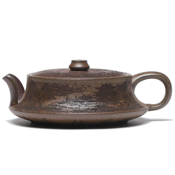 Ceainic Yixing din lut mov, model dragon-back, lucrat manual, peisaj gravat