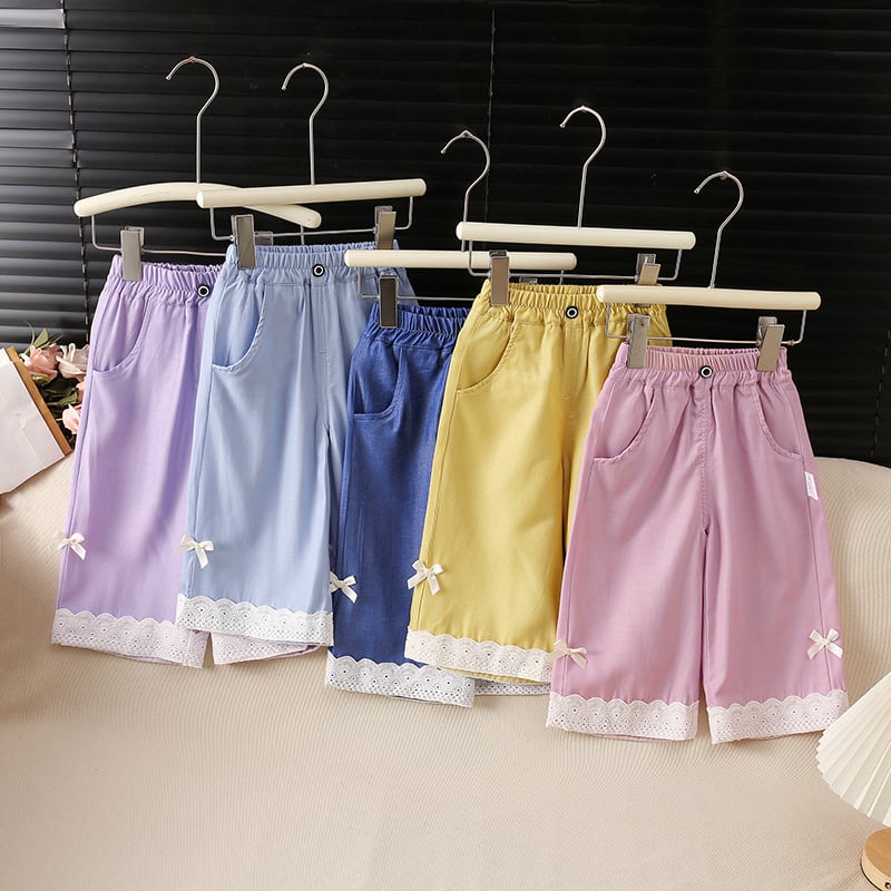 Pantaloni largi pentru fetițe, stil coreean, culoare solidă, cu funda și dantelă, casual și confortabili.