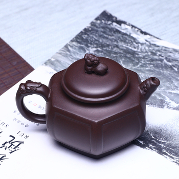 Ceainic Yixing din lut mov purpuriu, hexagonal cu figuri de leu și dragon, lucrat manual, set de ceai Kung Fu pentru uz casnic
