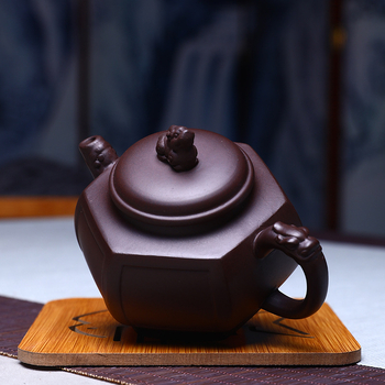Ceainic Yixing din lut mov purpuriu, hexagonal cu figuri de leu și dragon, lucrat manual, set de ceai Kung Fu pentru uz casnic