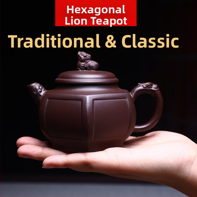 Ceainic Yixing din lut mov purpuriu, hexagonal cu figuri de leu și dragon, lucrat manual, set de ceai Kung Fu pentru uz casnic