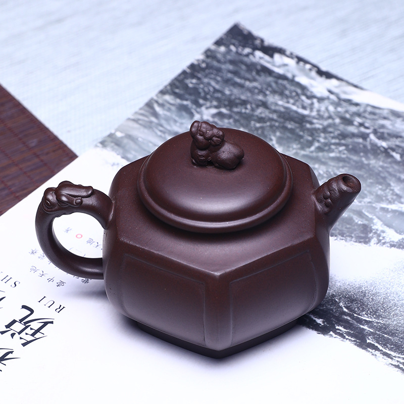 Ceainic Yixing din lut mov purpuriu, hexagonal cu figuri de leu și dragon, lucrat manual, set de ceai Kung Fu pentru uz casnic