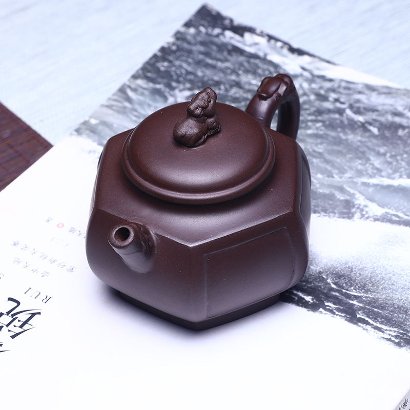 Ceainic Yixing din lut mov purpuriu, hexagonal cu figuri de leu și dragon, lucrat manual, set de ceai Kung Fu pentru uz casnic