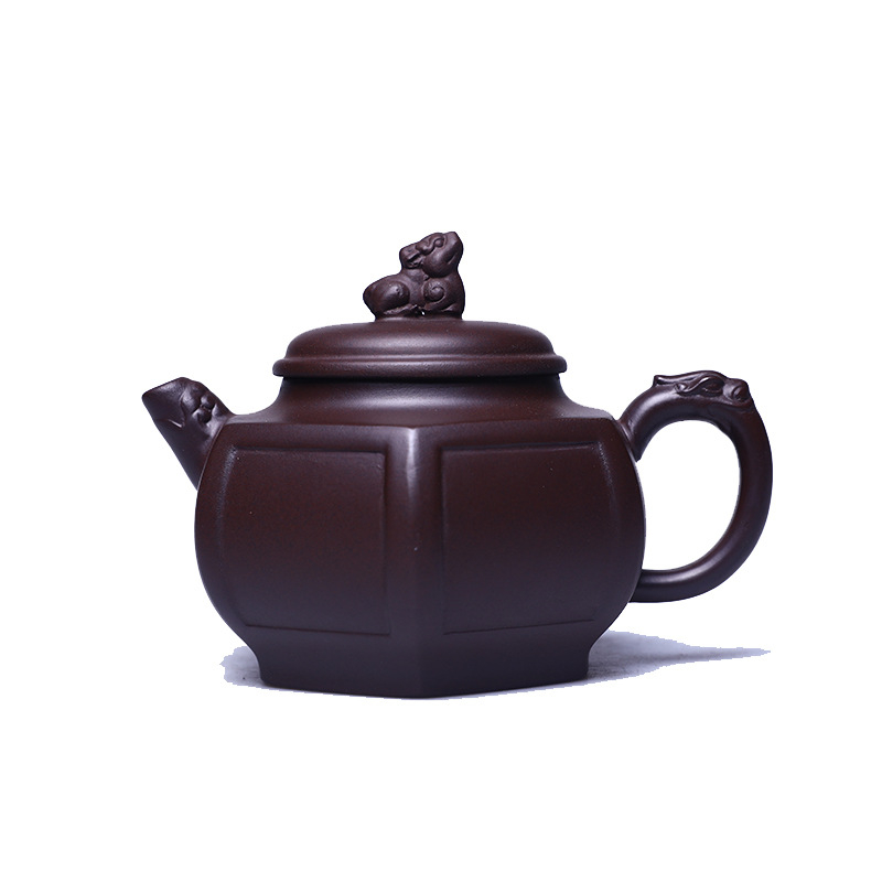 Ceainic Yixing din lut mov purpuriu, hexagonal cu figuri de leu și dragon, lucrat manual, set de ceai Kung Fu pentru uz casnic