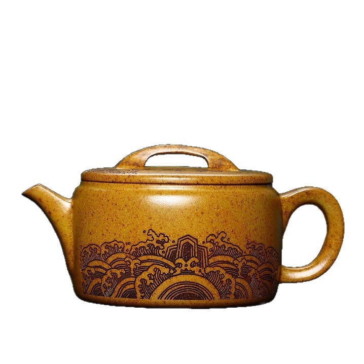 Ceainic din lut mov cu glazură Dragon Bone Gold Sand, lucrat manual