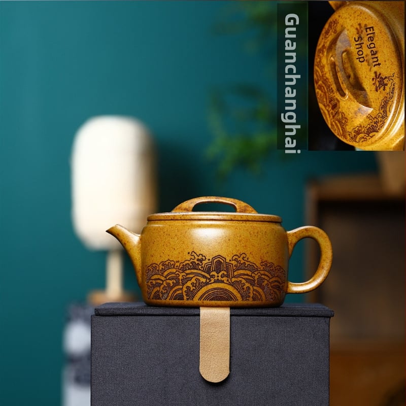 Ceainic din lut mov cu glazură Dragon Bone Gold Sand, lucrat manual