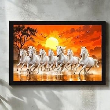 Artă modernă: Șapte cai în galop la apus – pictură pe pânză pentru pereți, sufragerie și dormitor