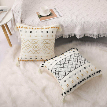 Husa de pernă tufted marocan cu inspirație nordică, broderie, ciucuri, detașabilă și lavabilă