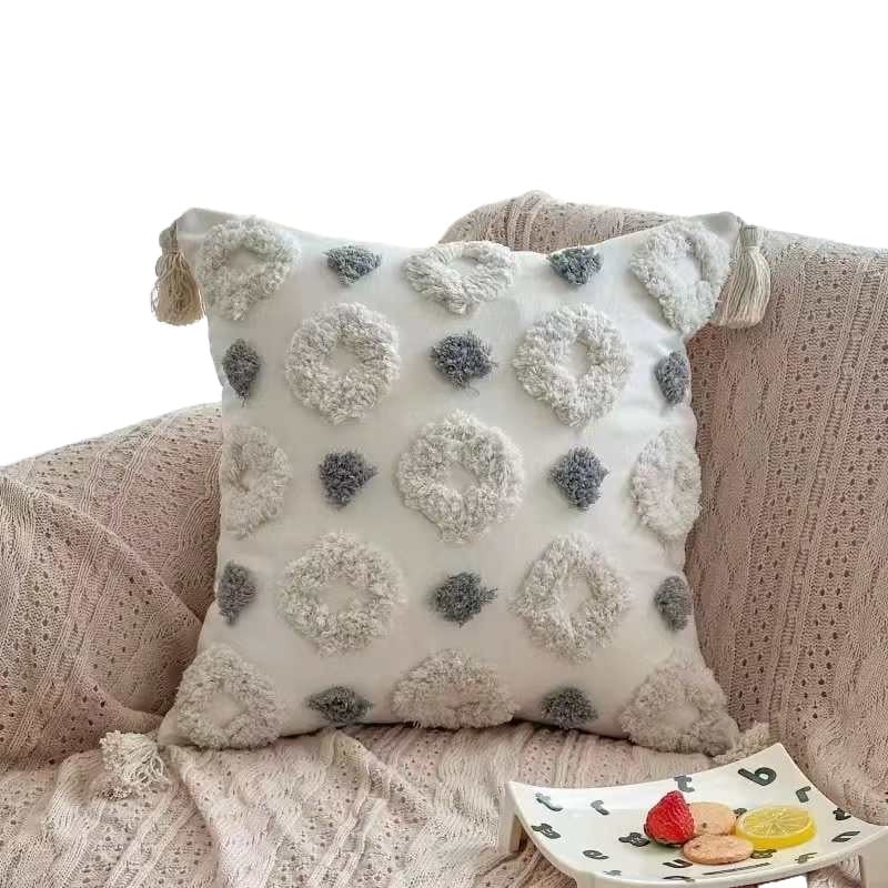 Husa de pernă tufted marocan cu inspirație nordică, broderie, ciucuri, detașabilă și lavabilă