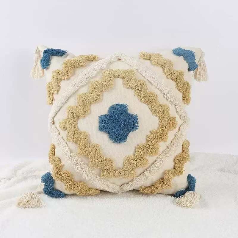 Husa de pernă tufted marocan cu inspirație nordică, broderie, ciucuri, detașabilă și lavabilă