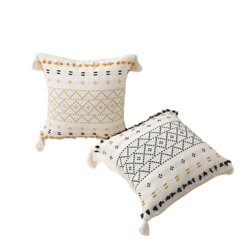 Husa de pernă tufted marocan cu inspirație nordică, broderie, ciucuri, detașabilă și lavabilă
