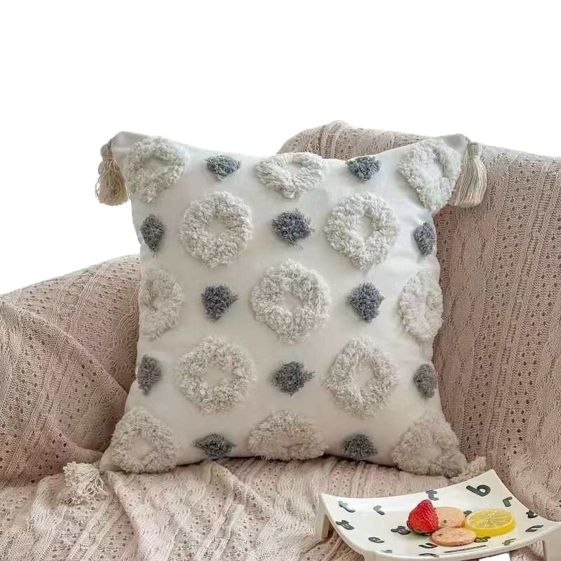 Husa de pernă tufted marocan cu inspirație nordică, broderie, ciucuri, detașabilă și lavabilă