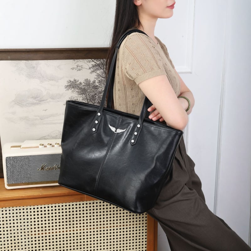 Geantă ZV pentru femei, capacitate mare, tote din piele moale, stil casual/office, curea de umăr, design cu aripi și cristale