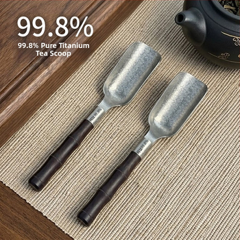 Set ceremonial din titan pur cu cristal: lingură de ceai din titan, lingură de amestecare, clește titan antiaderent, tavă de ceai, lemn de abanos, set de șase piese