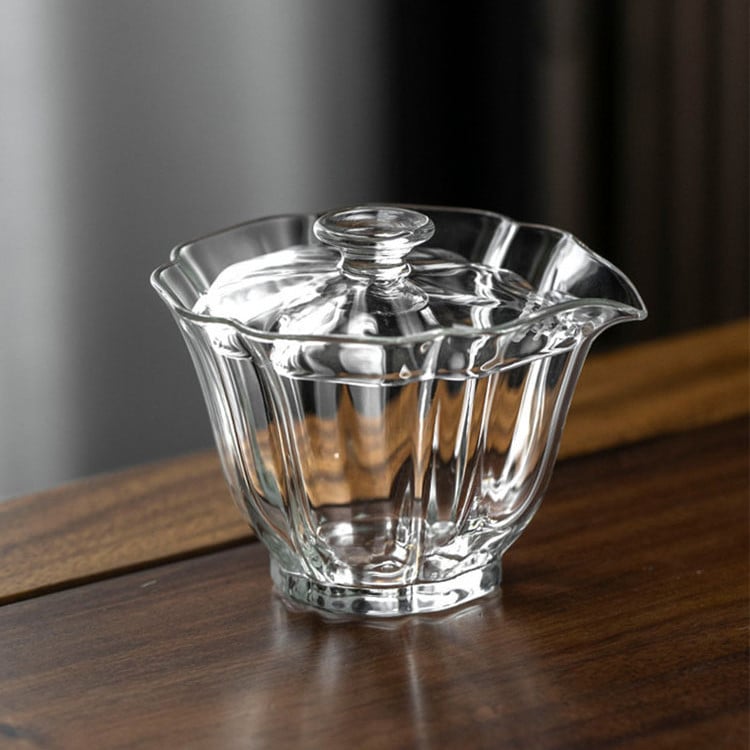 Ceașcă de ceai din sticlă cu capac și filtru încorporat, design cu petale, sticlă borosilicat neagră, pentru ceremonia ceaiului