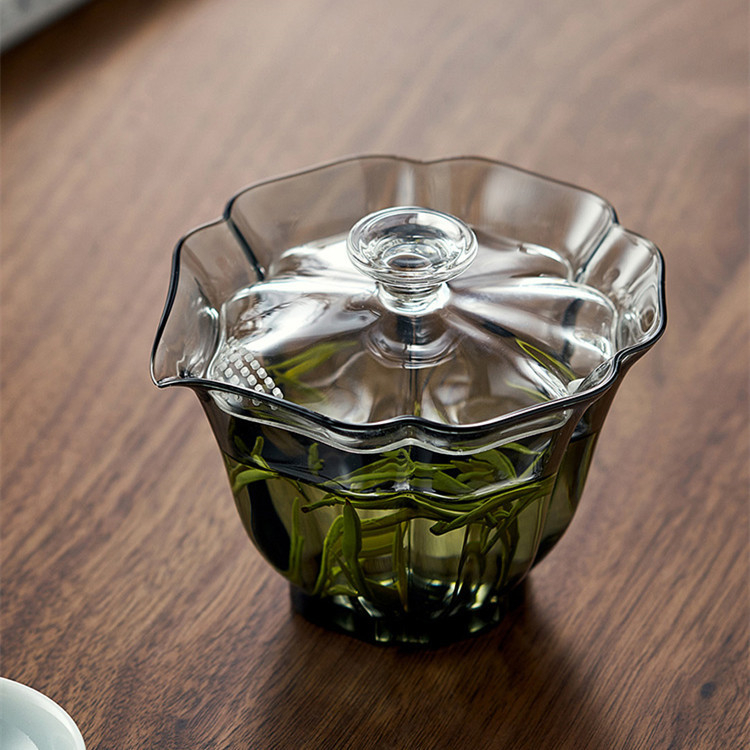 Ceașcă de ceai din sticlă cu capac și filtru încorporat, design cu petale, sticlă borosilicat neagră, pentru ceremonia ceaiului
