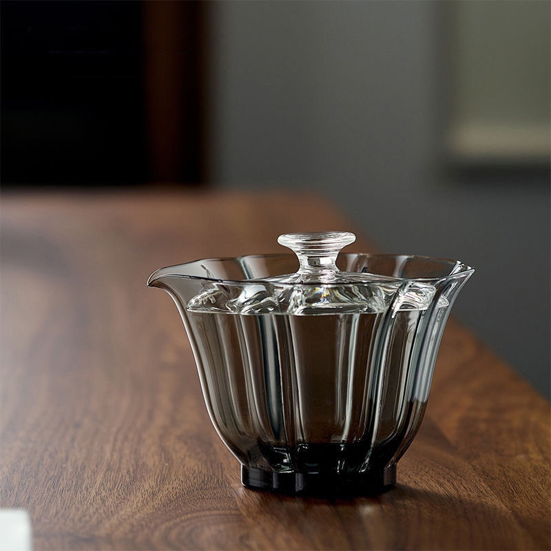 Ceașcă de ceai din sticlă cu capac și filtru încorporat, design cu petale, sticlă borosilicat neagră, pentru ceremonia ceaiului