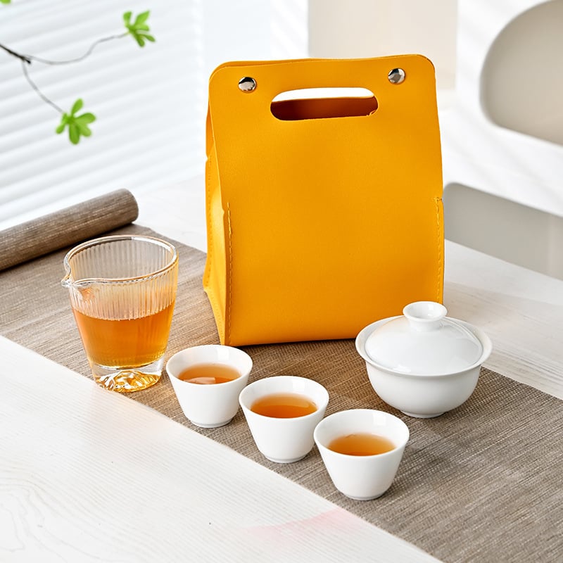 Set de ceai Kung Fu din porțelan alb pentru călătorii, cu ceașcă, bol ceramic cu capac și părți din sticlă, portabil pentru exterior