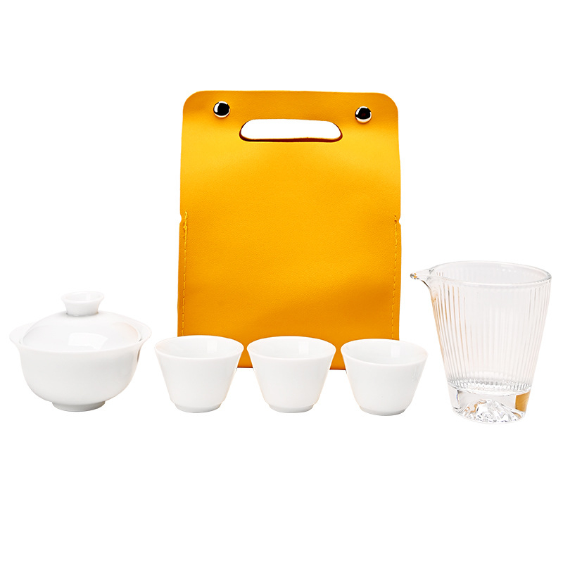 Set de ceai Kung Fu din porțelan alb pentru călătorii, cu ceașcă, bol ceramic cu capac și părți din sticlă, portabil pentru exterior