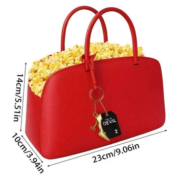 Geantă de mână din piele în formă de popcorn bucket, stil vintage Boston, model Queen 2, cu un pandantiv atârnat și cusături decorative