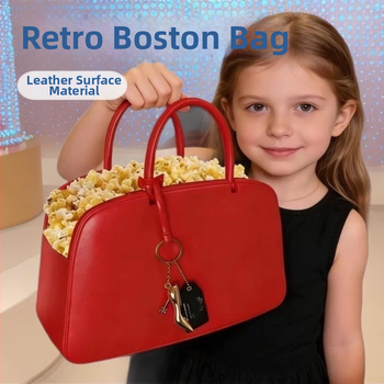 Geantă de mână din piele în formă de popcorn bucket, stil vintage Boston, model Queen 2, cu un pandantiv atârnat și cusături decorative