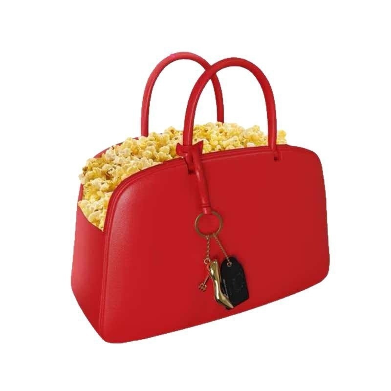 Geantă de mână din piele în formă de popcorn bucket, stil vintage Boston, model Queen 2, cu un pandantiv atârnat și cusături decorative