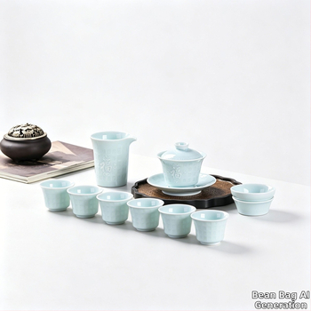 Set de ceai din porțelan Celadon, cu glazură la temperatură înaltă, design în relief, gaiwan și cești, personalizabil, cadou corporativ