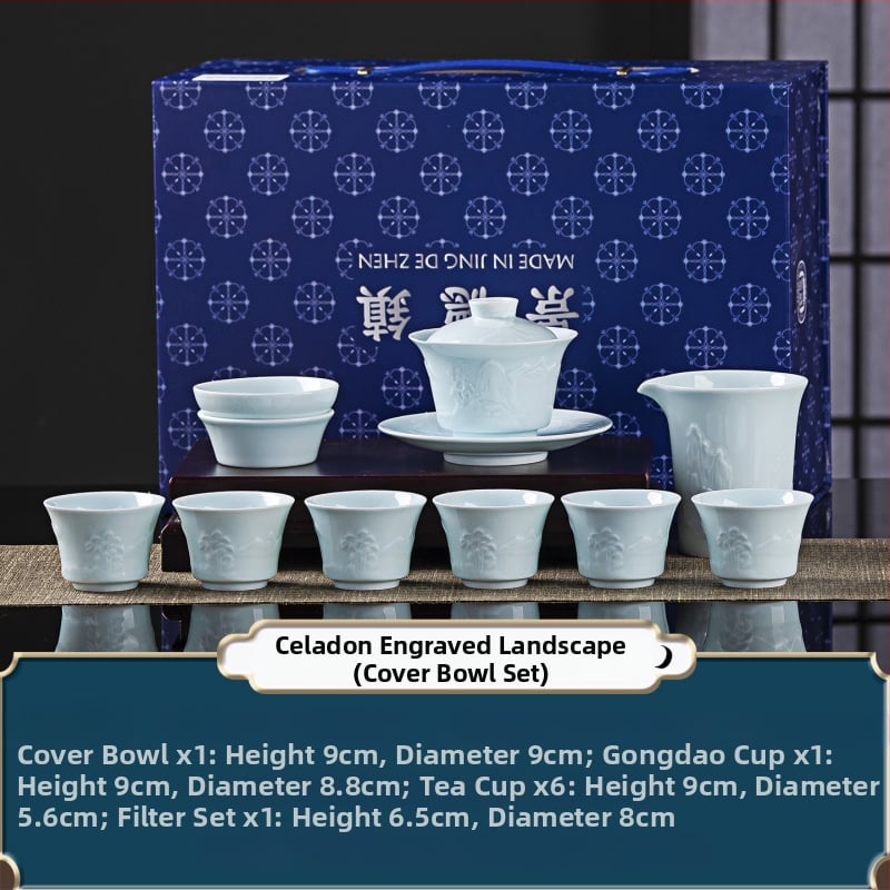 Set de ceai din porțelan Celadon, cu glazură la temperatură înaltă, design în relief, gaiwan și cești, personalizabil, cadou corporativ